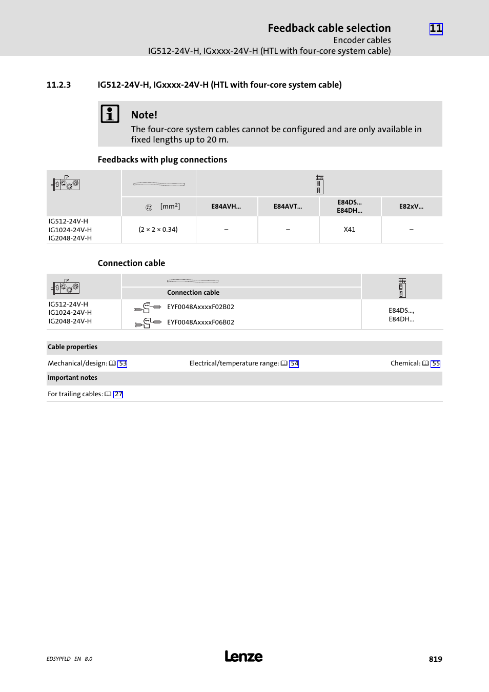 Feedback cable selection | Lenze EY System cables and system connectors User Manual | Page 819 / 887