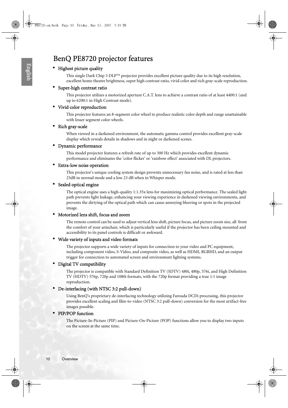 Benq pe8720 projector features | BenQ PE8720 User Manual | Page 10 / 36