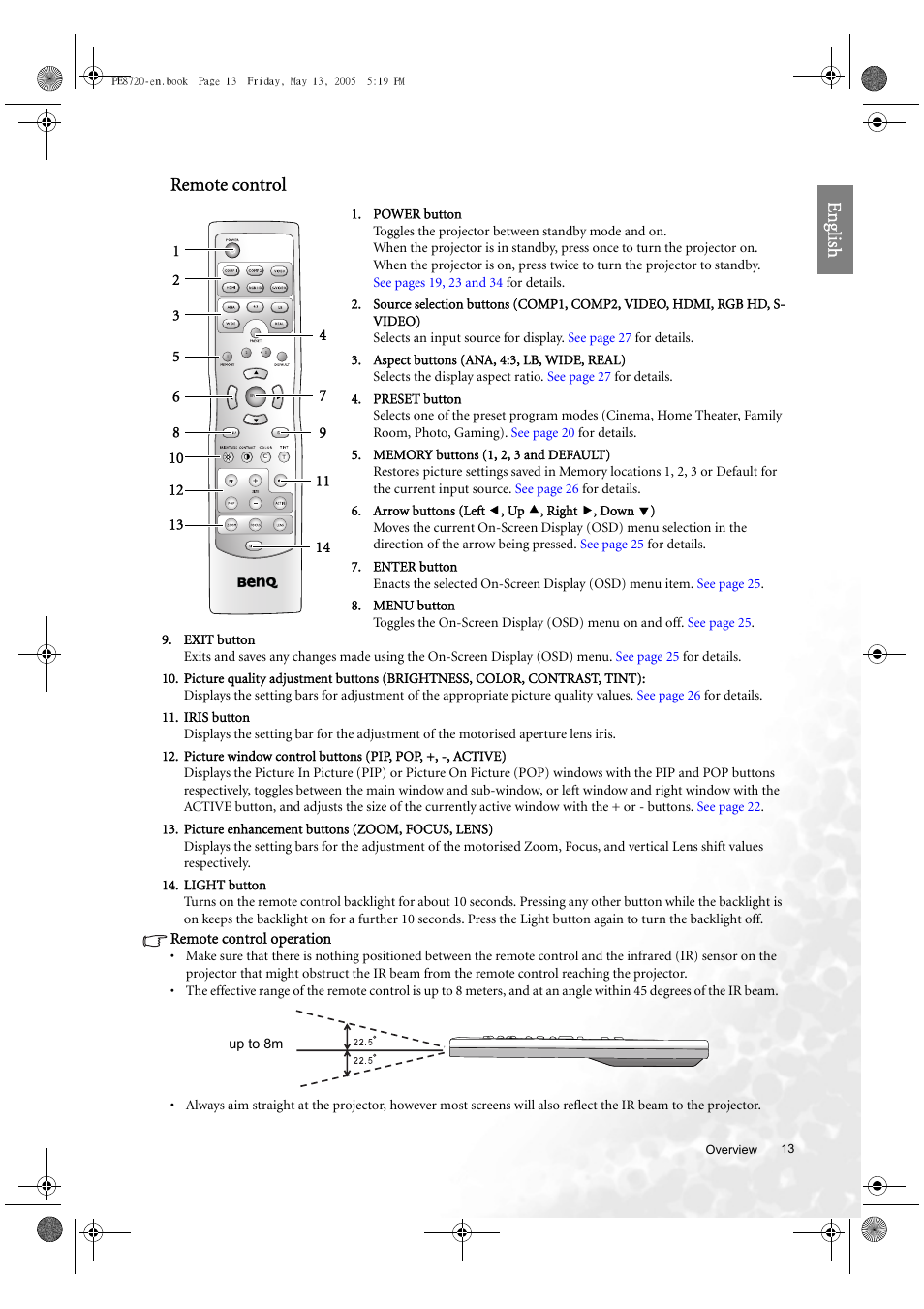 Eng lish remote control | BenQ PE8720 User Manual | Page 13 / 36