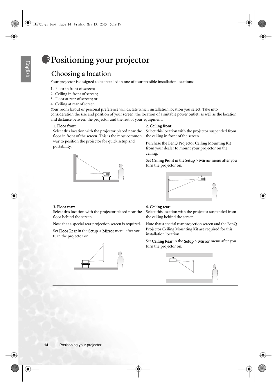 Positioning your projector, Choosing a location, Eng lish | BenQ PE8720 User Manual | Page 14 / 36