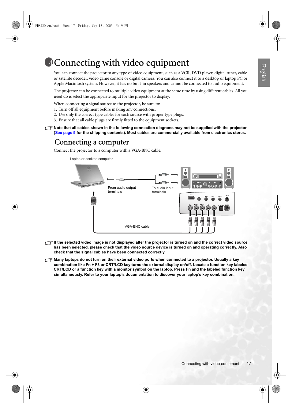 Connecting with video equipment, Connecting a computer, Eng lish | BenQ PE8720 User Manual | Page 17 / 36