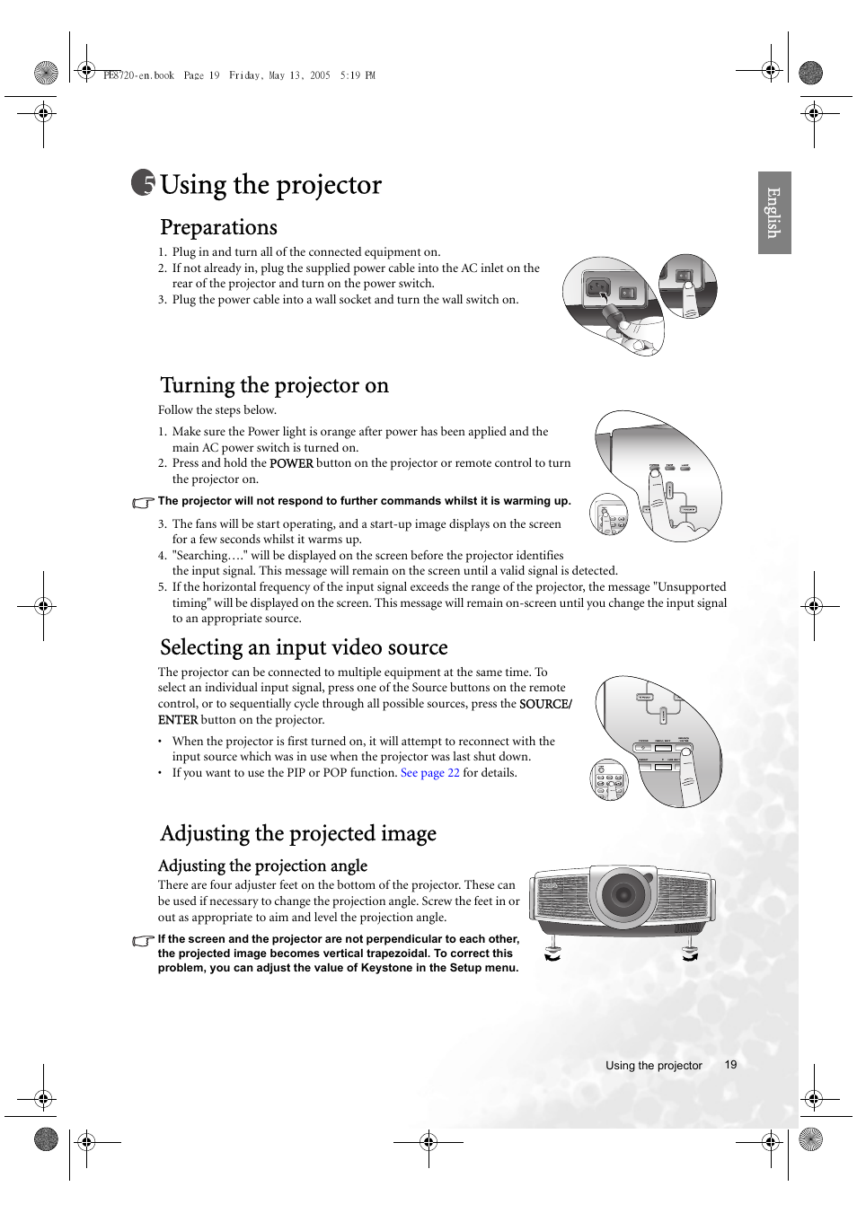 Using the projector, Preparations, Turning the projector on | Selecting an input video source, Adjusting the projected image | BenQ PE8720 User Manual | Page 19 / 36