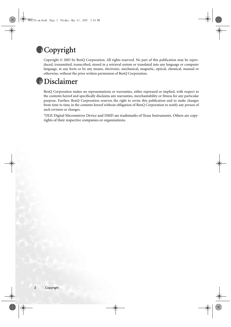 Copyright, Disclaimer | BenQ PE8720 User Manual | Page 2 / 36