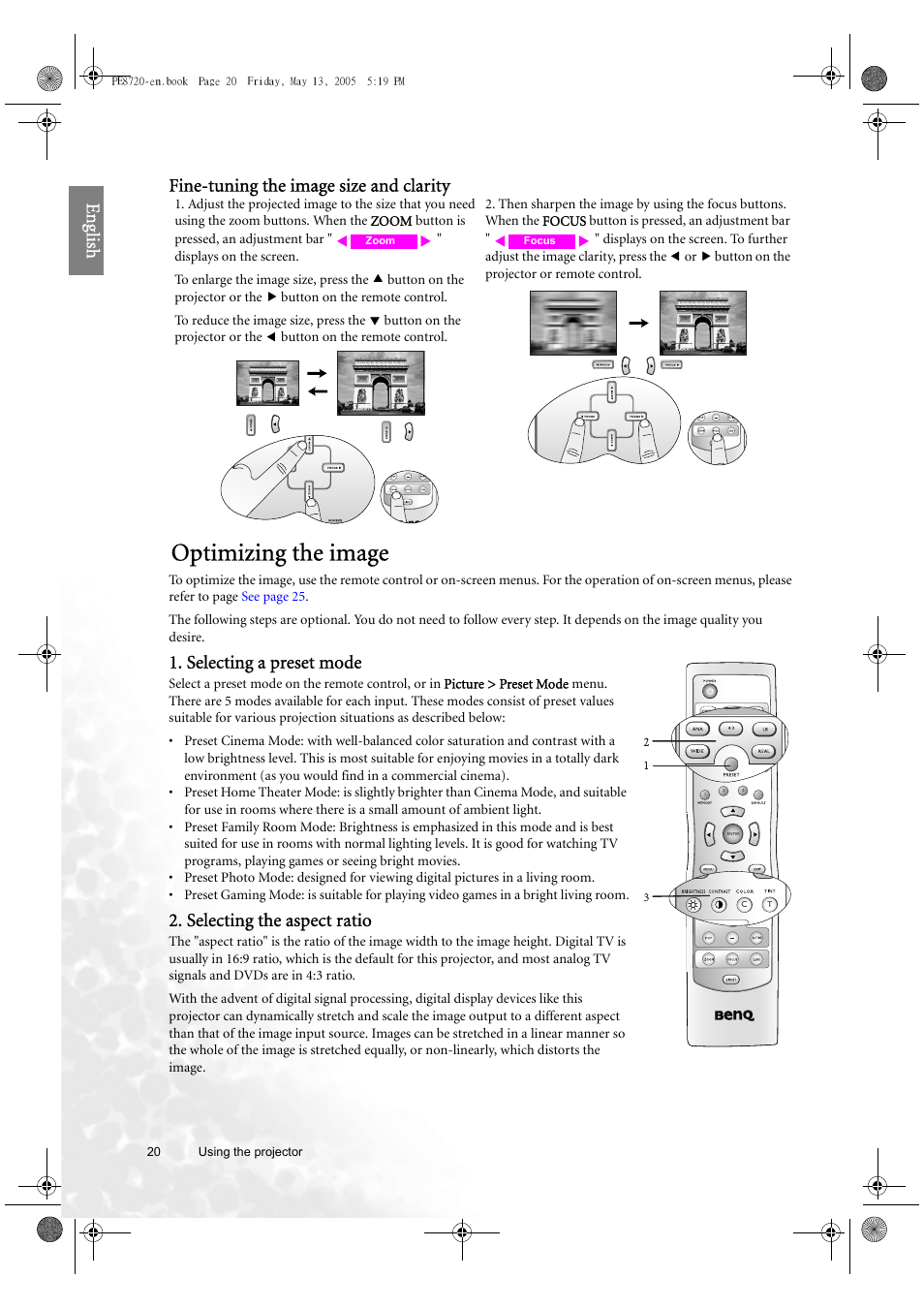 Optimizing the image, Eng lish fine-tuning the image size and clarity, Selecting a preset mode | Selecting the aspect ratio | BenQ PE8720 User Manual | Page 20 / 36