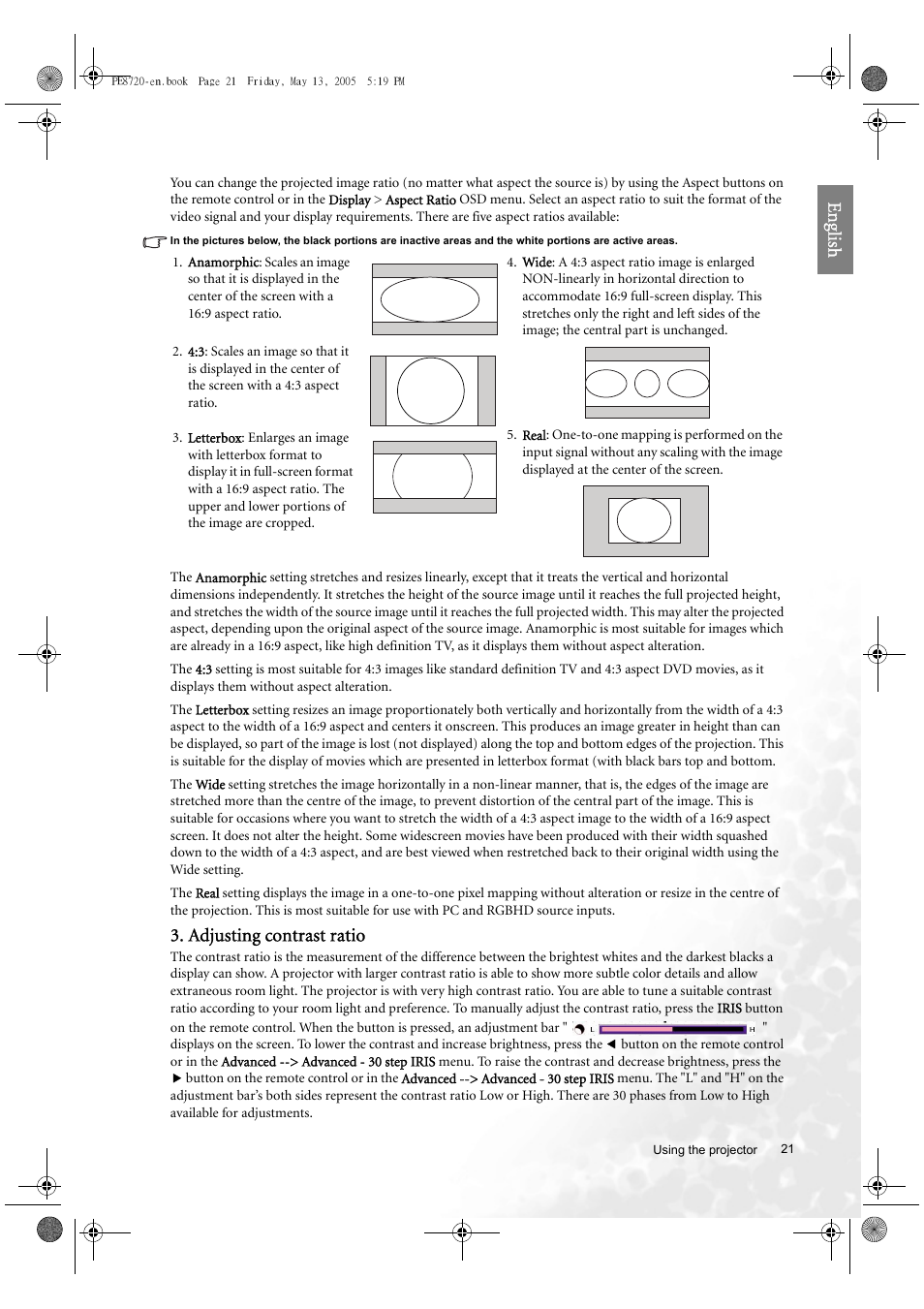 Eng lish, Adjusting contrast ratio | BenQ PE8720 User Manual | Page 21 / 36