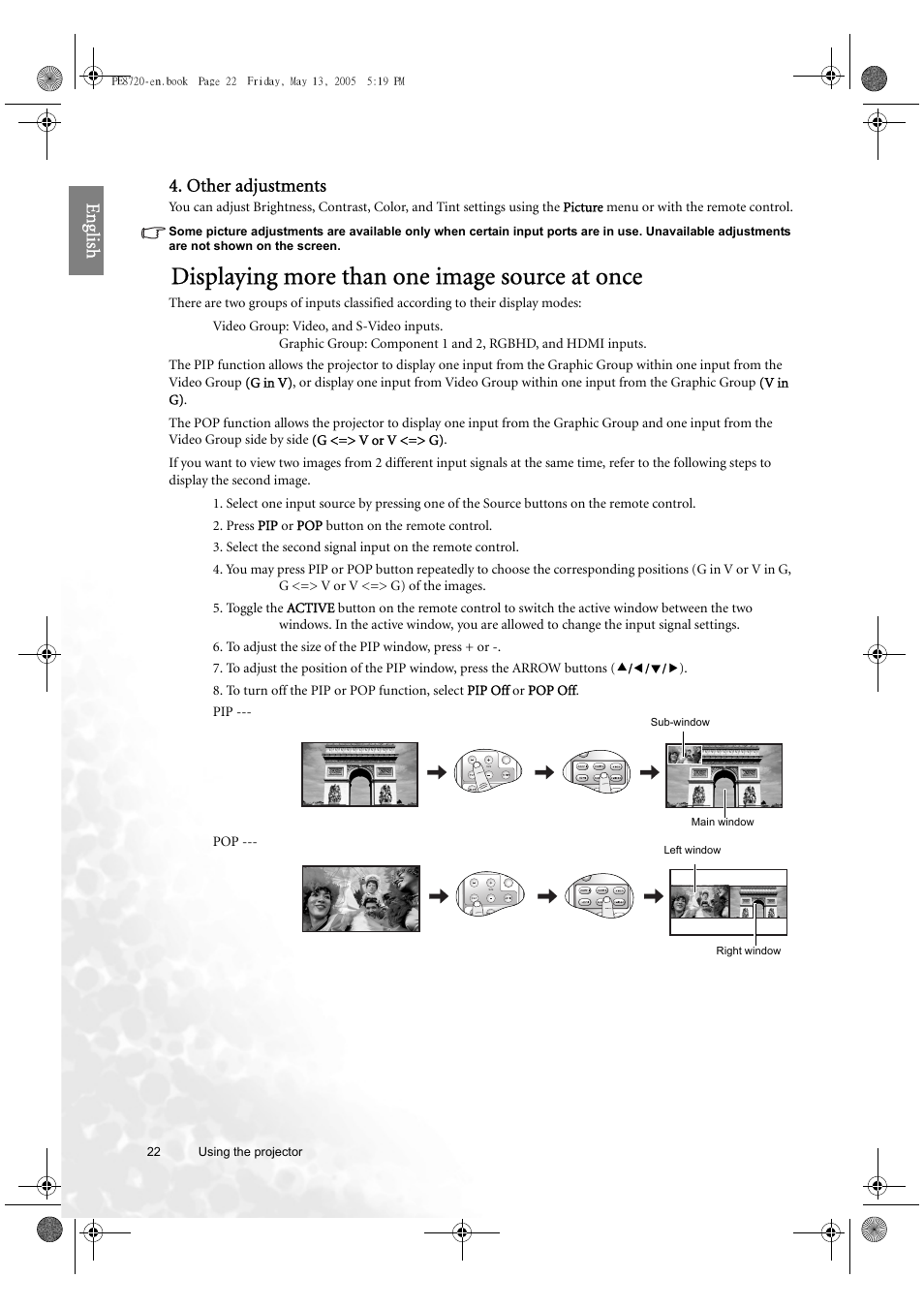 Displaying more than one image source at once, Eng lish 4. other adjustments | BenQ PE8720 User Manual | Page 22 / 36