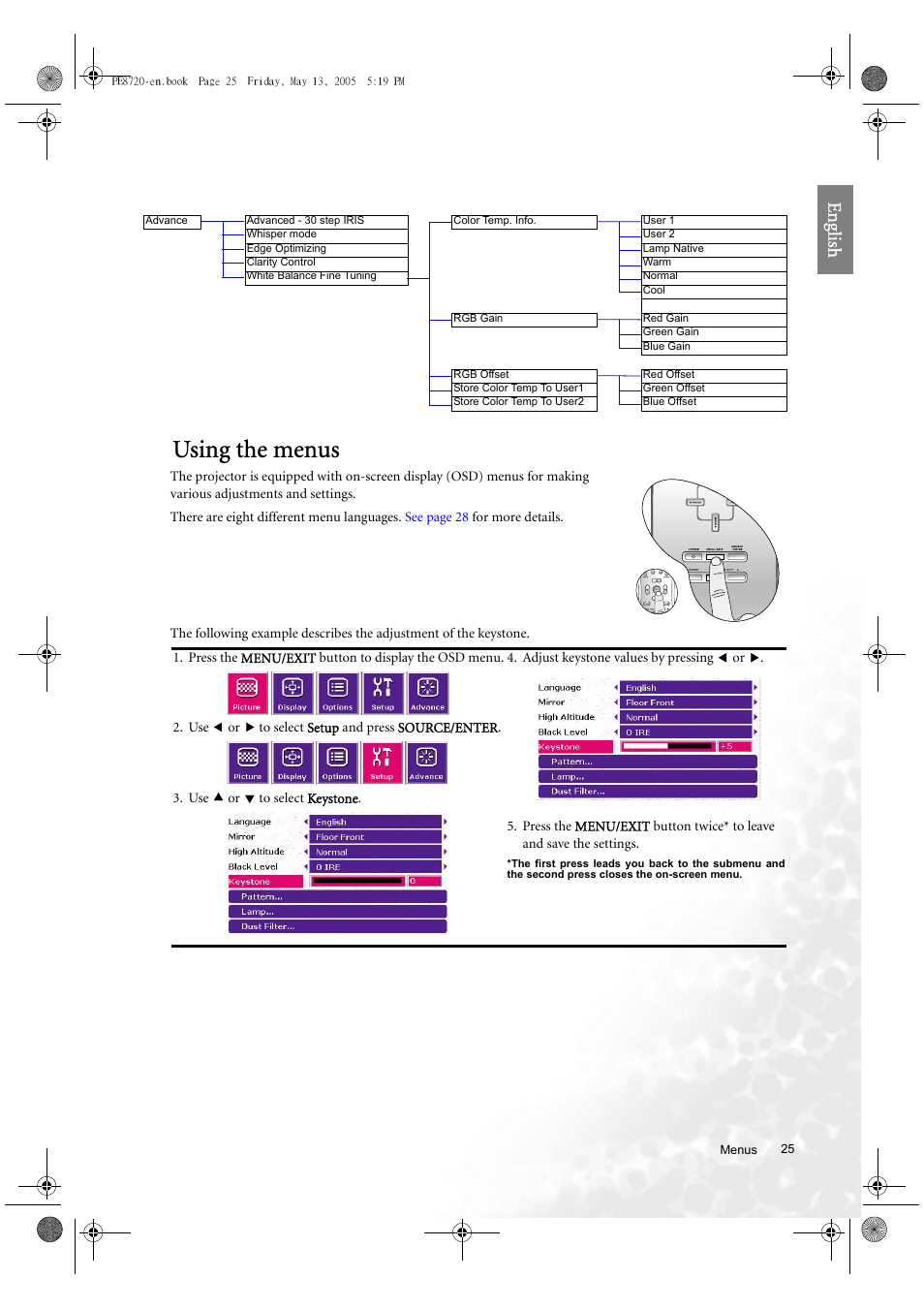 Using the menus, Eng lish | BenQ PE8720 User Manual | Page 25 / 36