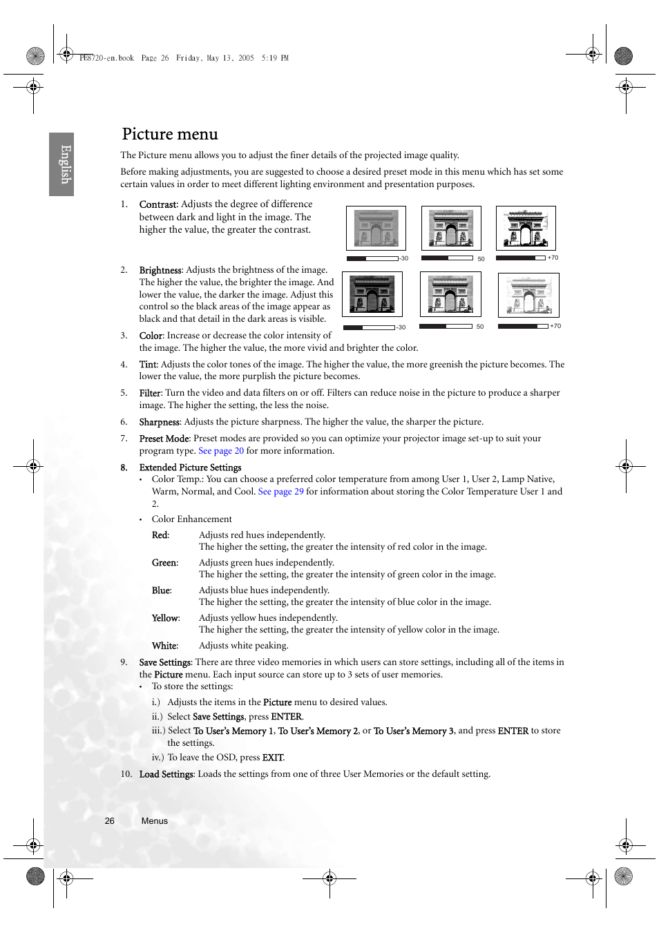 Picture menu, Eng lish | BenQ PE8720 User Manual | Page 26 / 36