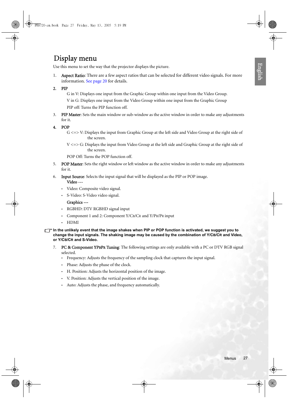 Display menu, Eng lish | BenQ PE8720 User Manual | Page 27 / 36
