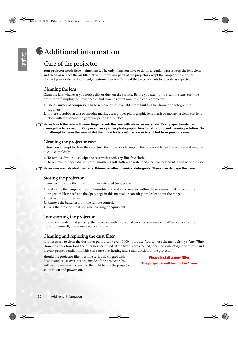 Additional information, Care of the projector, Eng lish | Cleaning the lens, Cleaning the projector case, Storing the projector, Transporting the projector, Cleaning and replacing the dust filter | BenQ PE8720 User Manual | Page 30 / 36