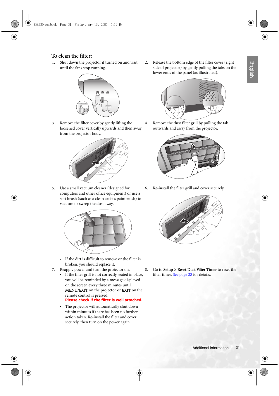 Eng lish to clean the filter | BenQ PE8720 User Manual | Page 31 / 36