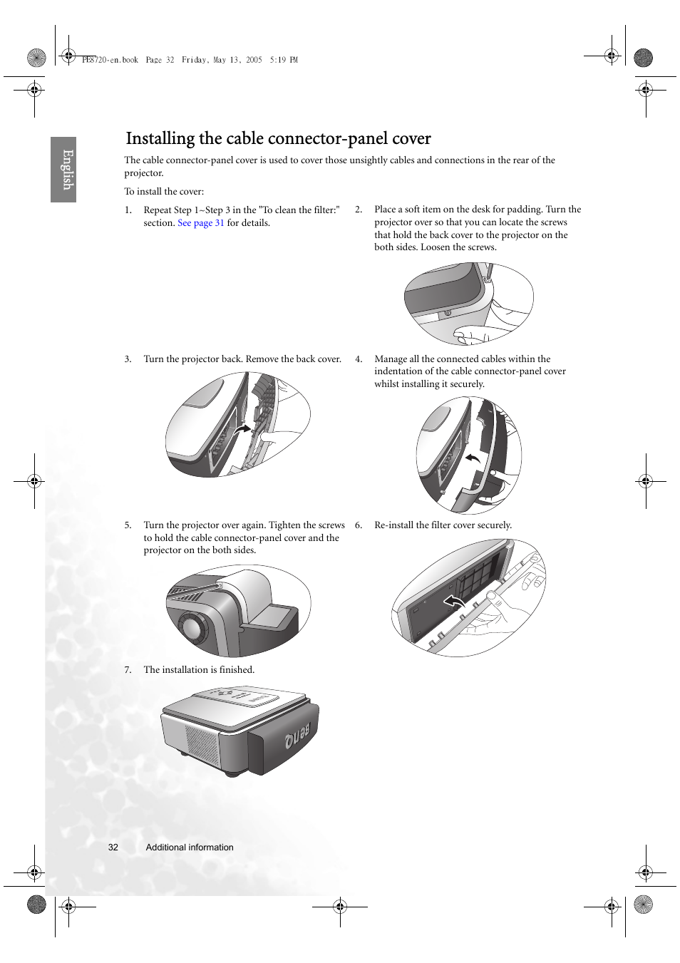Installing the cable connector-panel cover, Eng lish | BenQ PE8720 User Manual | Page 32 / 36
