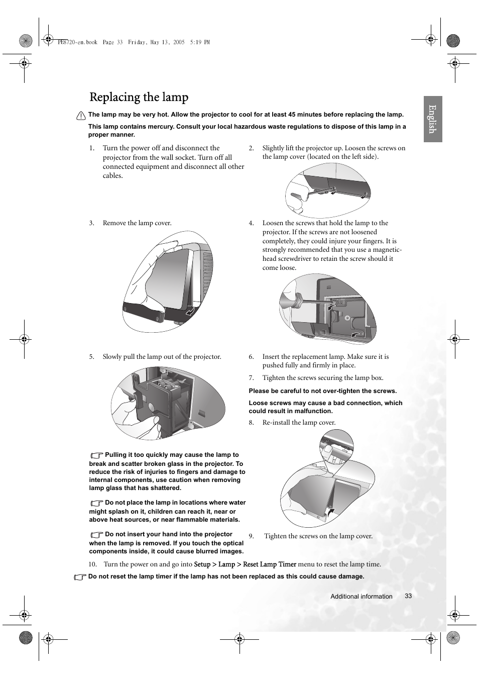 Replacing the lamp, Eng lish | BenQ PE8720 User Manual | Page 33 / 36
