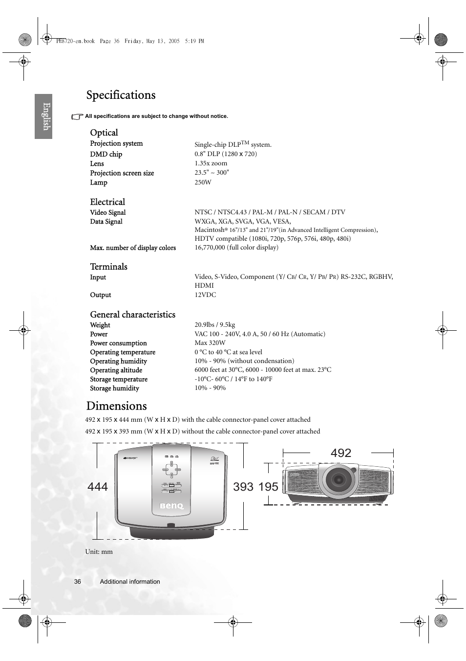 Specifications, Dimensions, Eng lish | Optical, Electrical, Terminals, General characteristics | BenQ PE8720 User Manual | Page 36 / 36