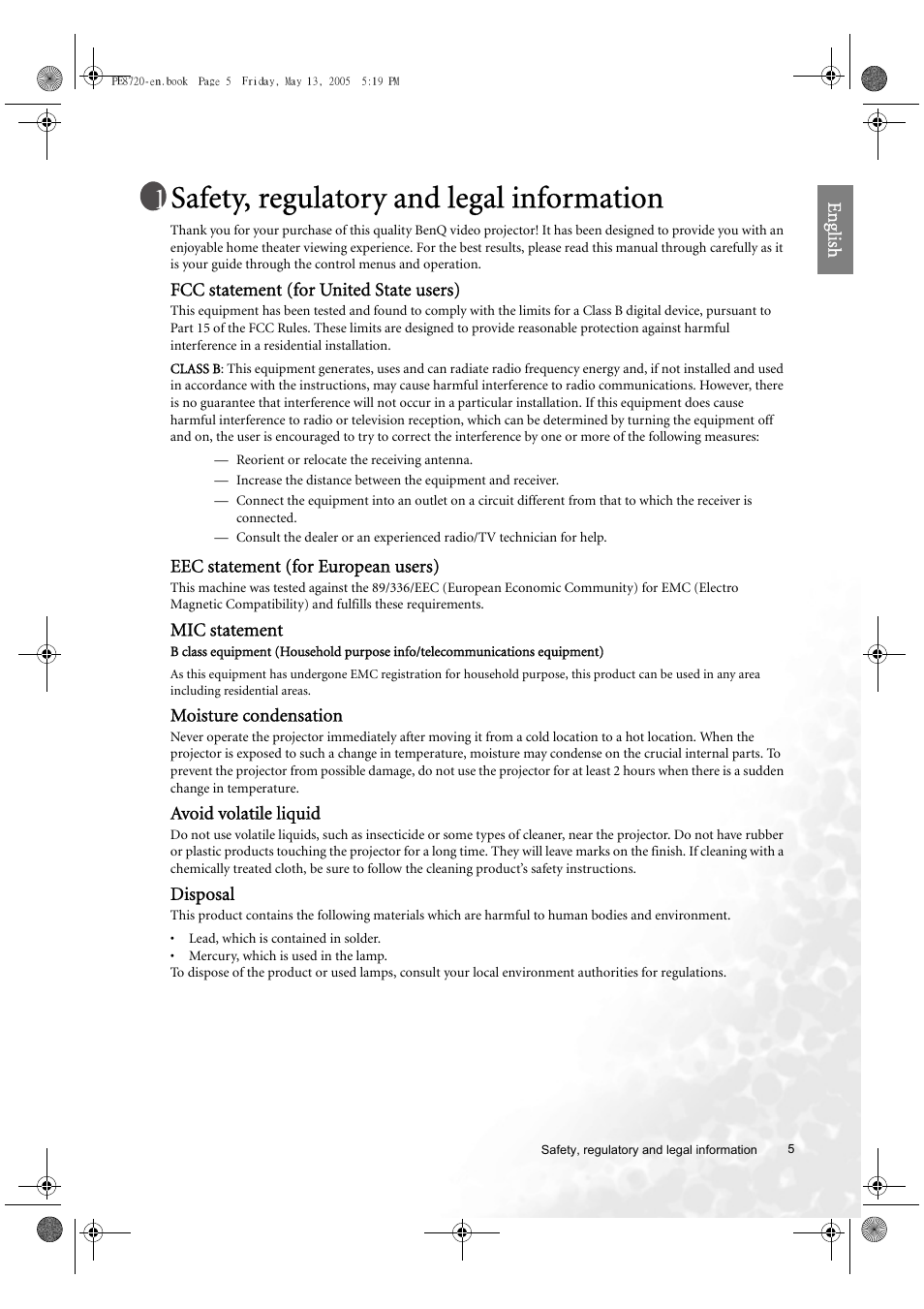 Safety, regulatory and legal information | BenQ PE8720 User Manual | Page 5 / 36