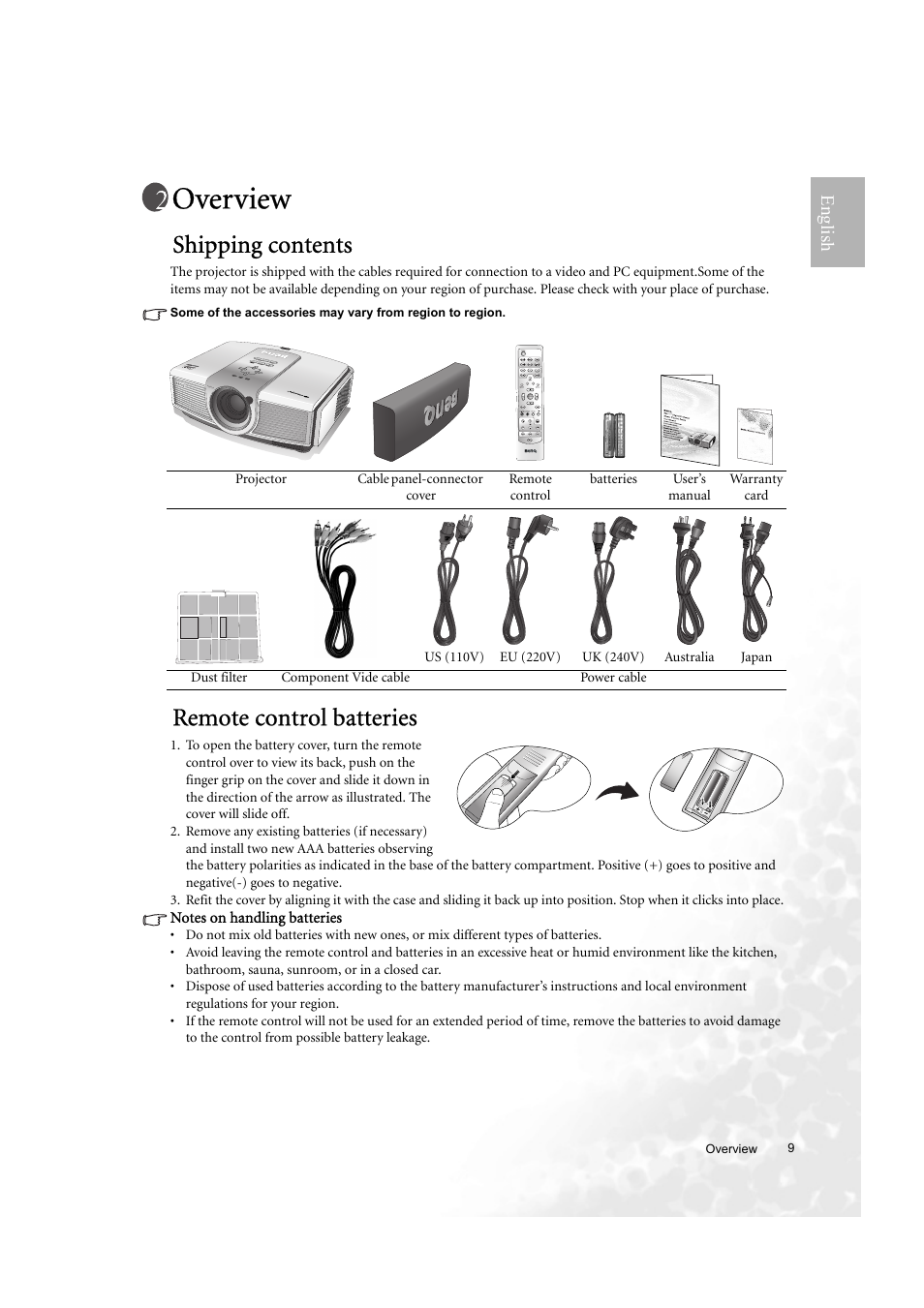 Overview, Shipping contents, Remote control batteries | English | BenQ PE8720 User Manual | Page 9 / 36