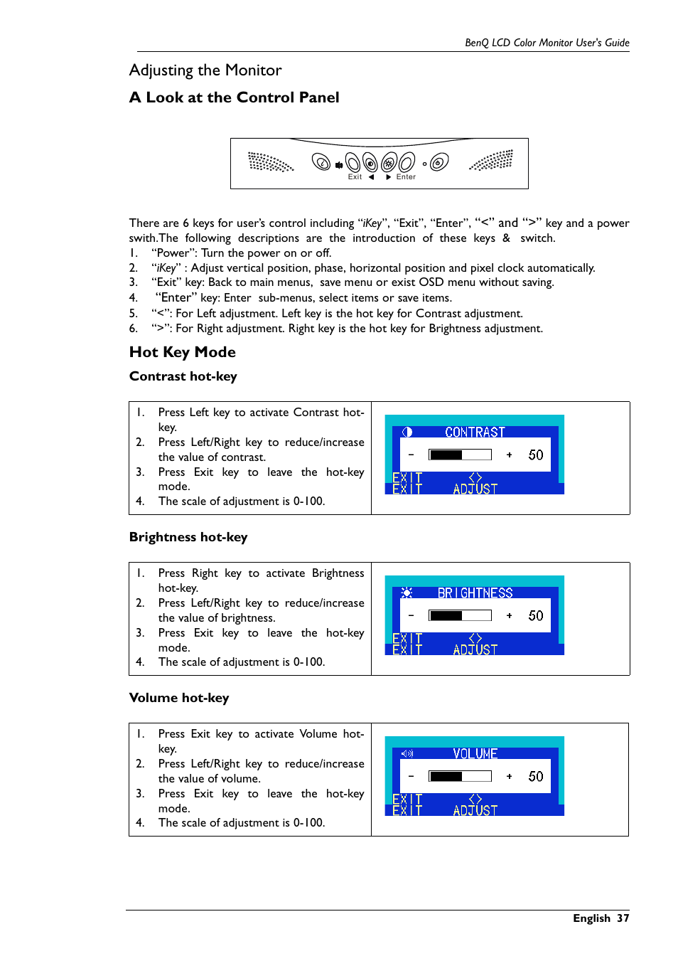 Adjusting the monitor, A look at the control panel, Hot key mode | BenQ FP767 User Manual | Page 38 / 47