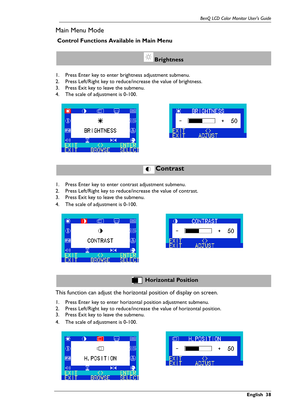 Main menu mode, Contrast | BenQ FP767 User Manual | Page 39 / 47
