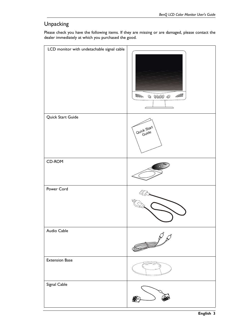 Unpacking | BenQ FP767 User Manual | Page 4 / 47