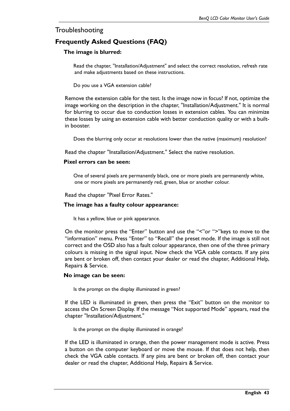Troubleshooting, Frequently asked questions (faq) | BenQ FP767 User Manual | Page 44 / 47