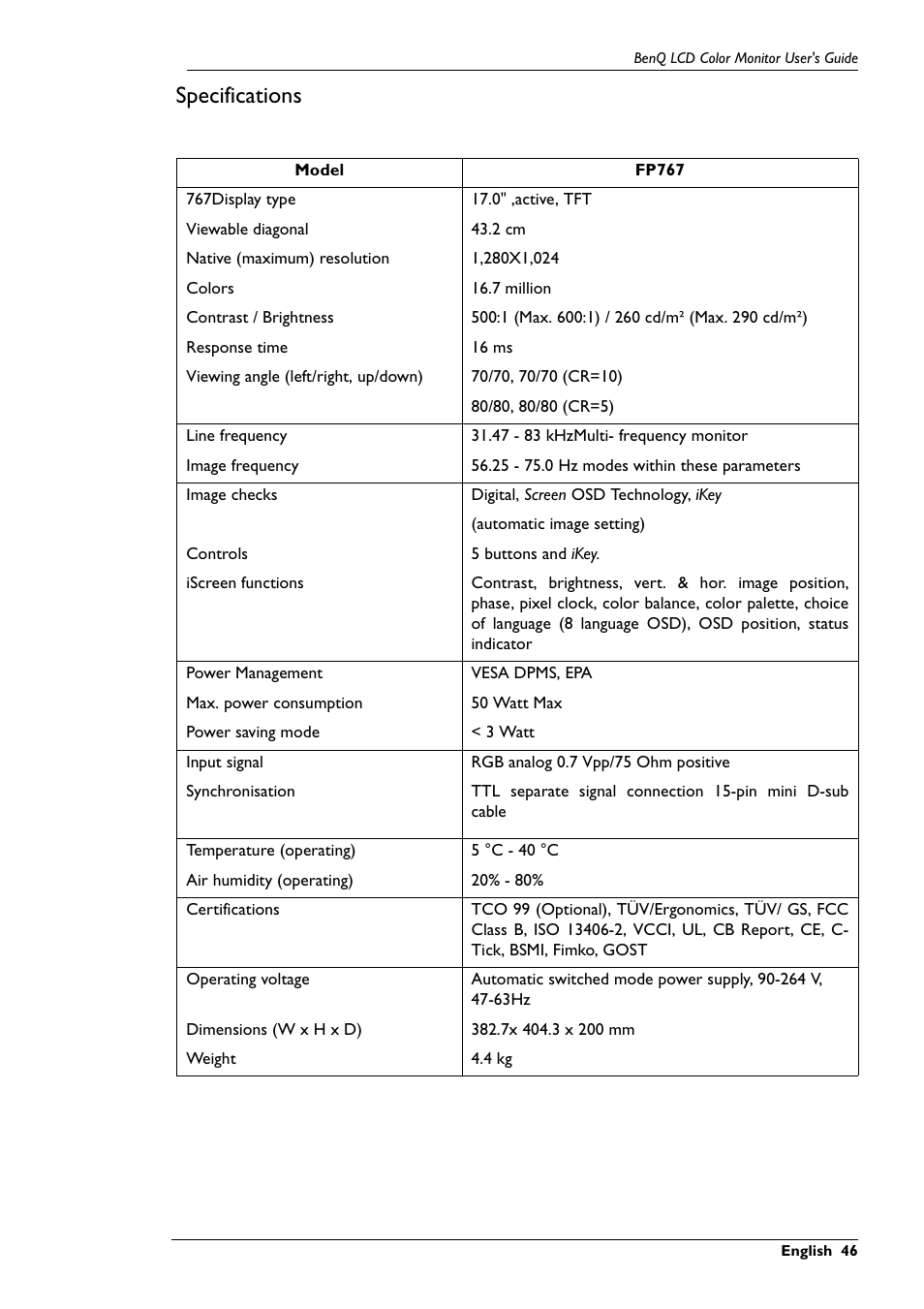 Specifications | BenQ FP767 User Manual | Page 47 / 47