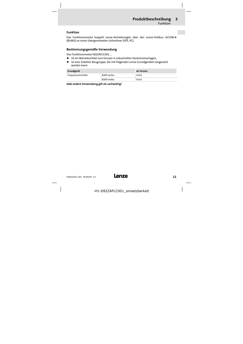 3 produktbeschreibung, Funktion, Bestimmungsgemäße verwendung | Produktbeschreibung 11, Produktbeschreibung | Lenze E82ZAFLC001 User Manual | Page 11 / 84