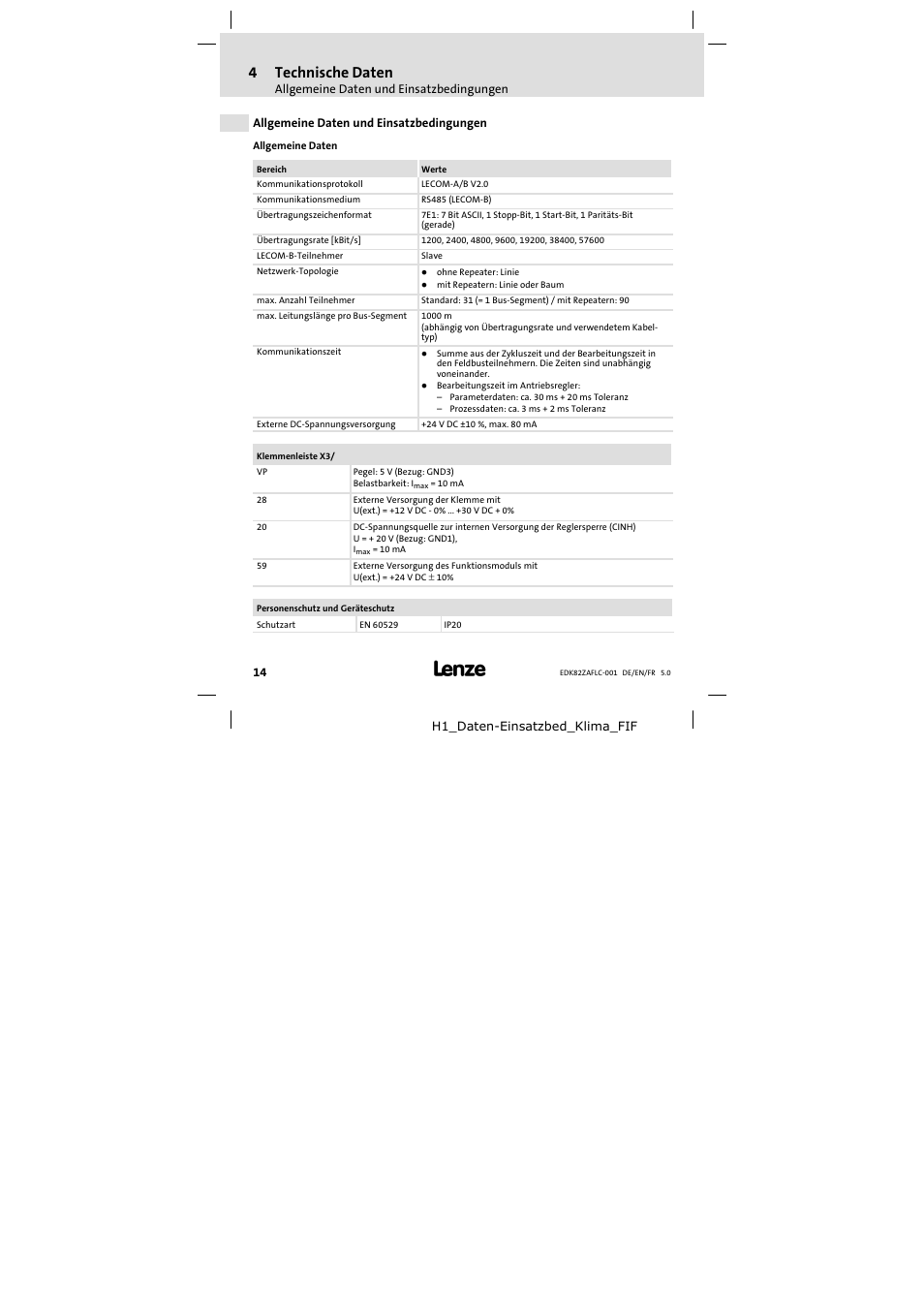 4 technische daten, Allgemeine daten und einsatzbedingungen, Technische daten | 4technische daten | Lenze E82ZAFLC001 User Manual | Page 14 / 84