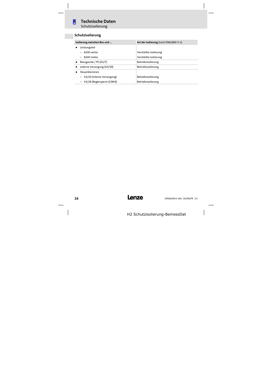 Schutzisolierung, 4technische daten | Lenze E82ZAFLC001 User Manual | Page 16 / 84