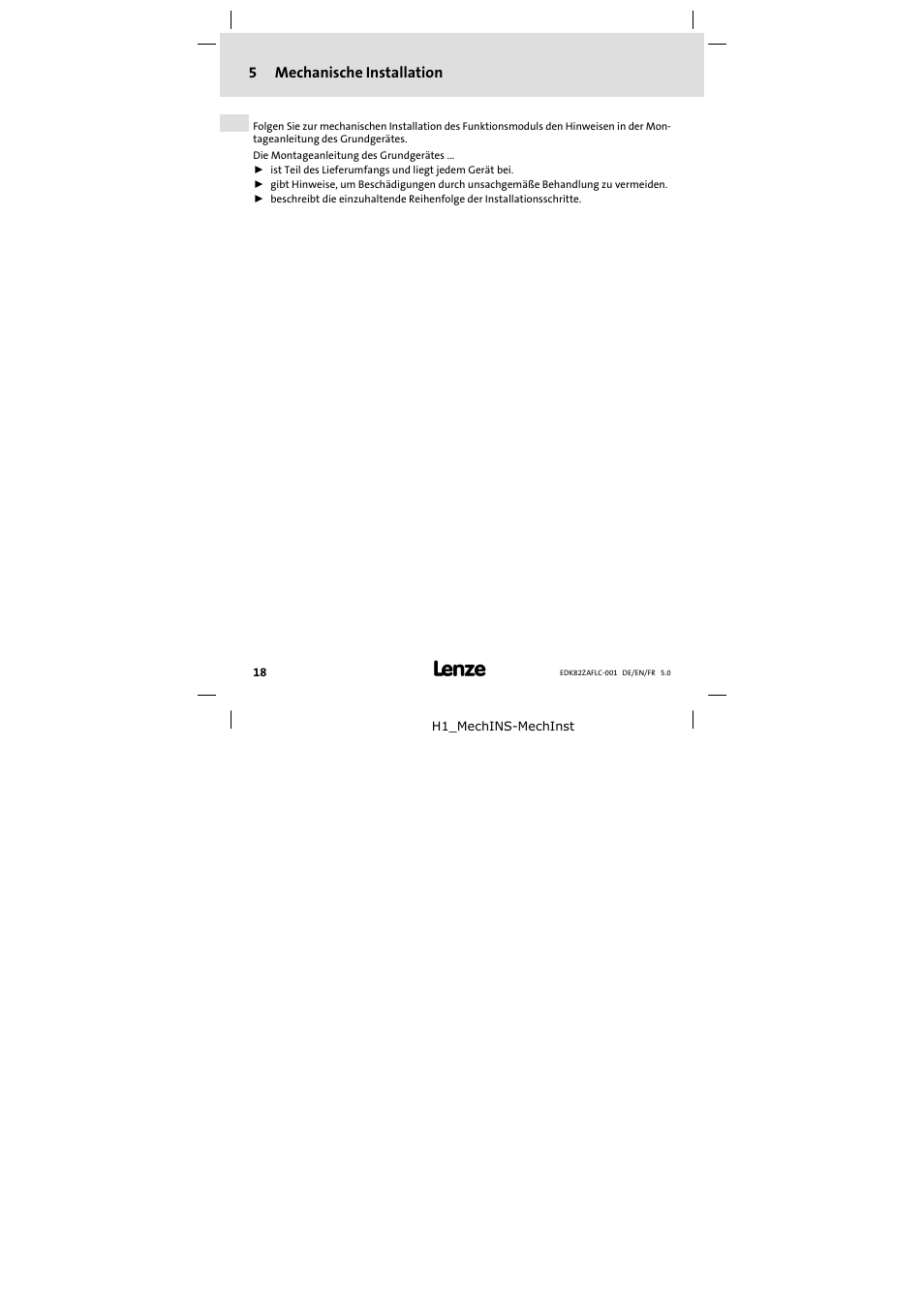 5 mechanische installation, Mechanische installation | Lenze E82ZAFLC001 User Manual | Page 18 / 84