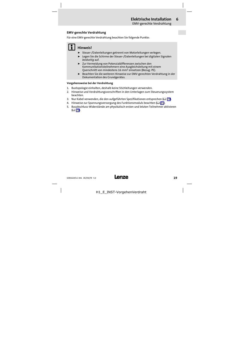 6 elektrische installation, Emv-gerechte verdrahtung, Elektrische installation | Emv−gerechte verdrahtung | Lenze E82ZAFLC001 User Manual | Page 19 / 84