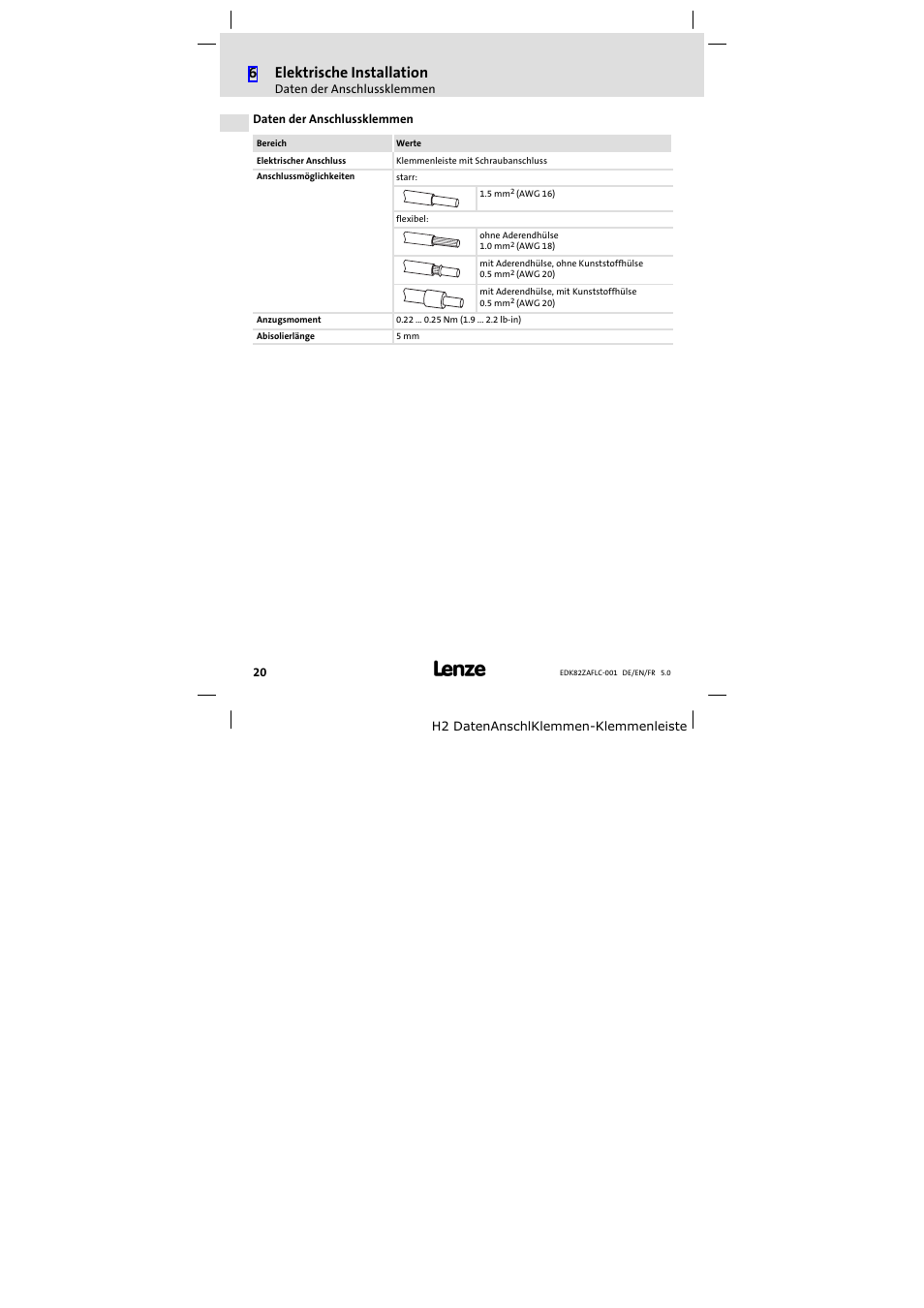 Daten der anschlussklemmen, 6elektrische installation | Lenze E82ZAFLC001 User Manual | Page 20 / 84