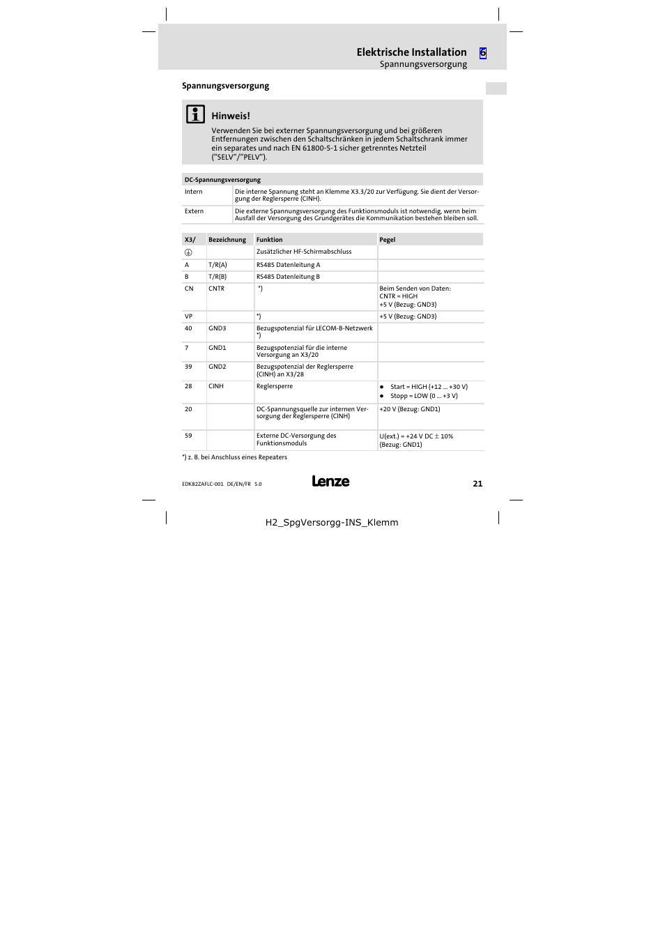Spannungsversorgung, Elektrische installation, Hinweis | Lenze E82ZAFLC001 User Manual | Page 21 / 84