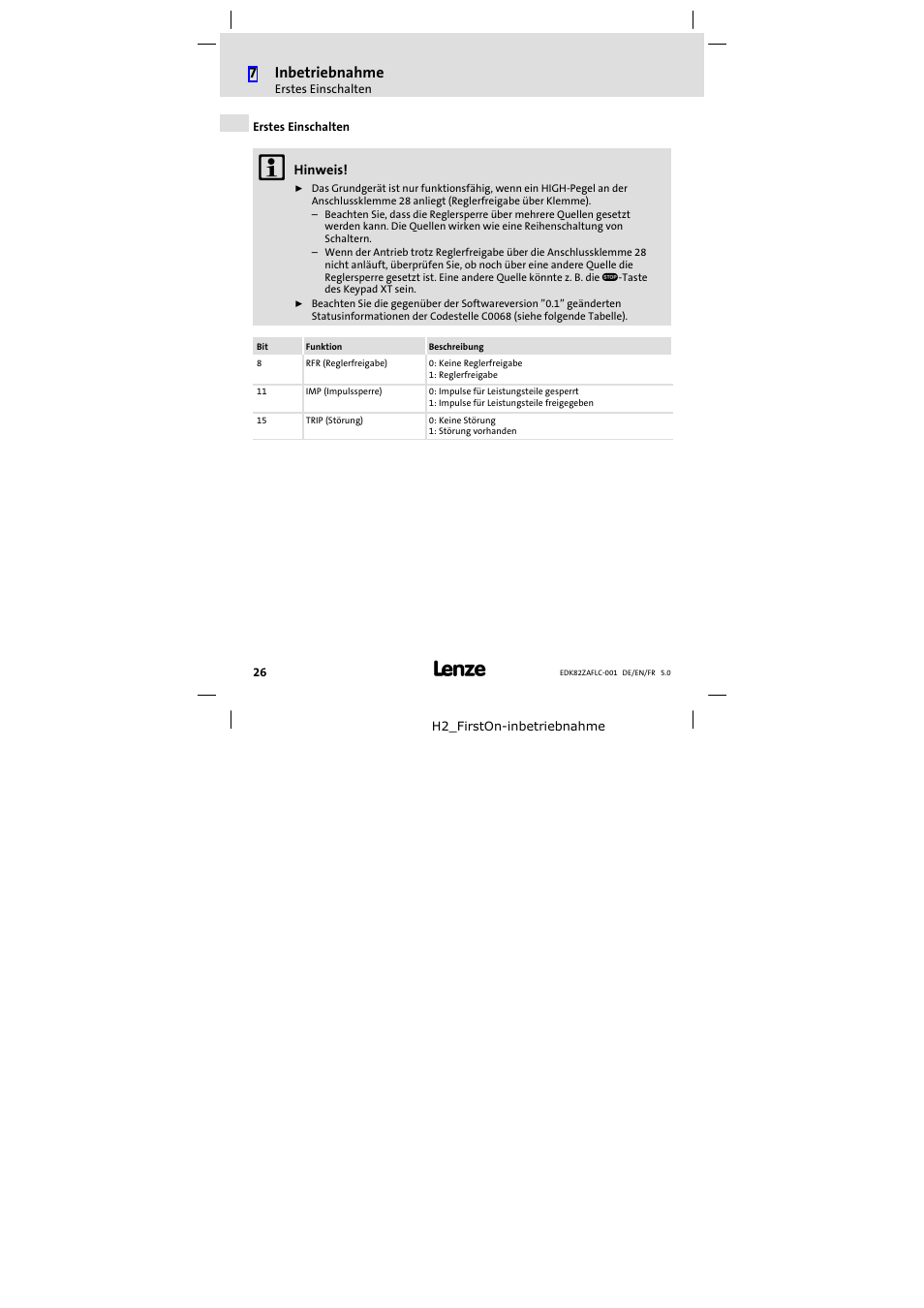 Erstes einschalten, 7inbetriebnahme | Lenze E82ZAFLC001 User Manual | Page 26 / 84