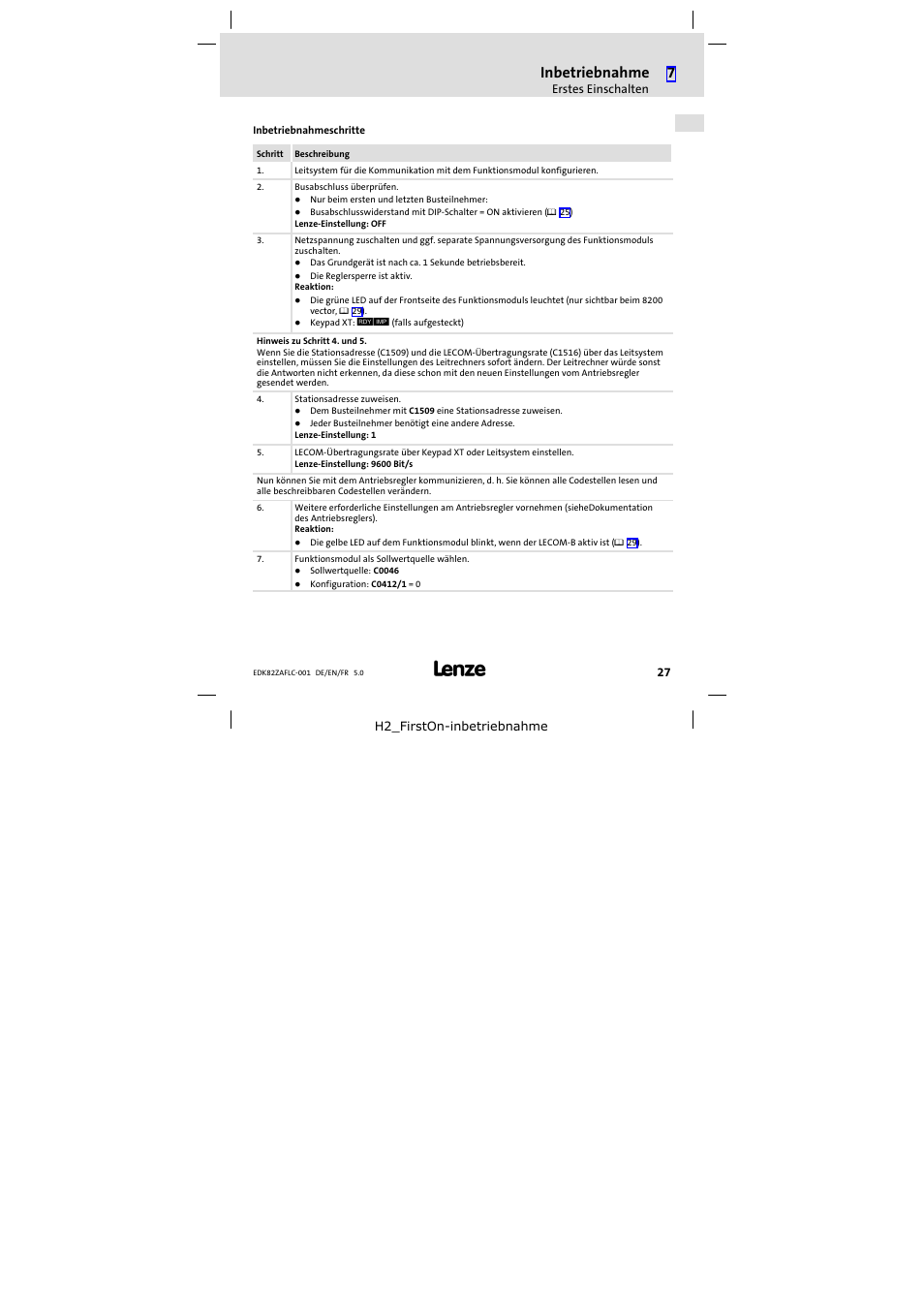 Inbetriebnahme | Lenze E82ZAFLC001 User Manual | Page 27 / 84