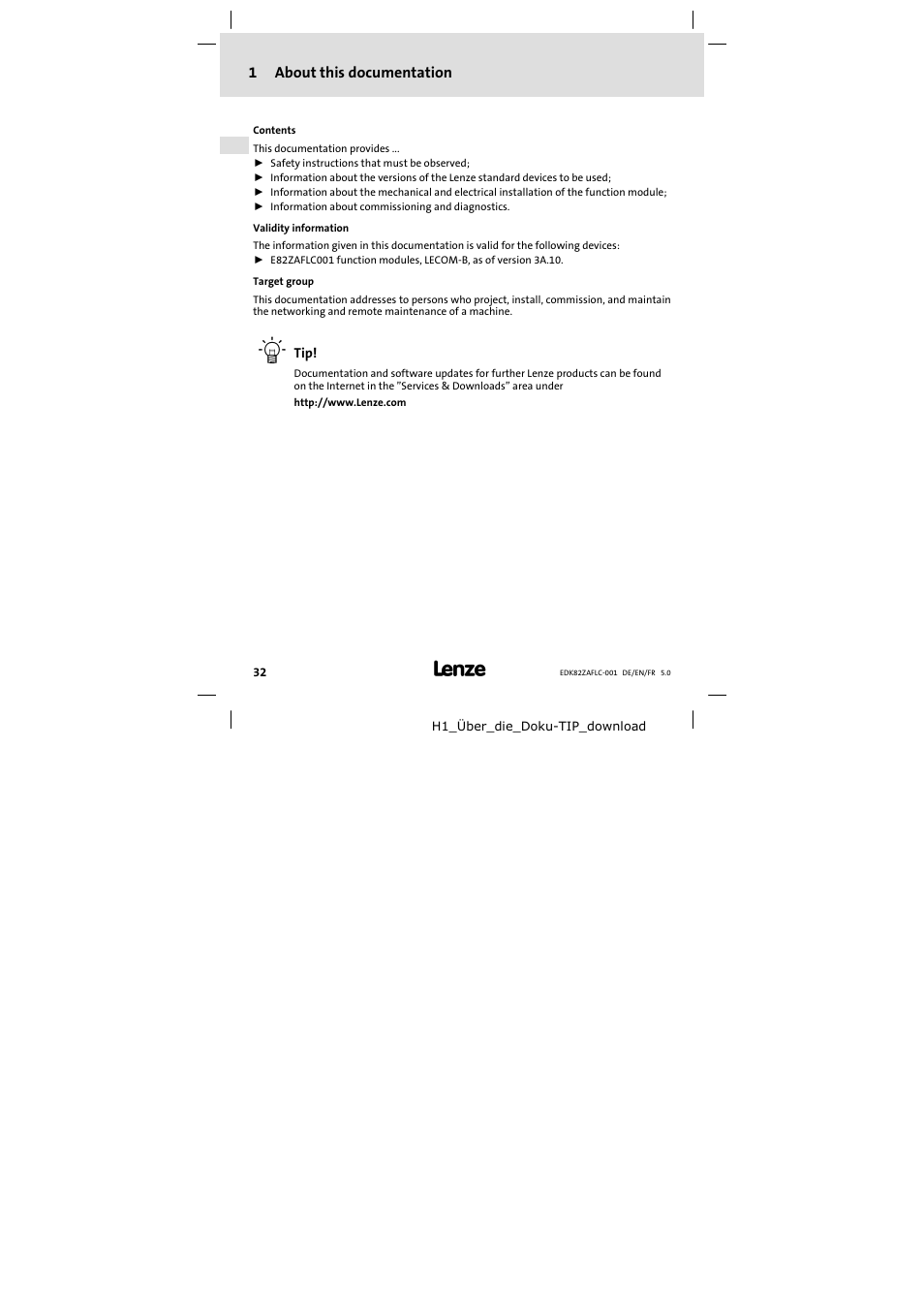 1 about this documentation, About this documentation | Lenze E82ZAFLC001 User Manual | Page 32 / 84
