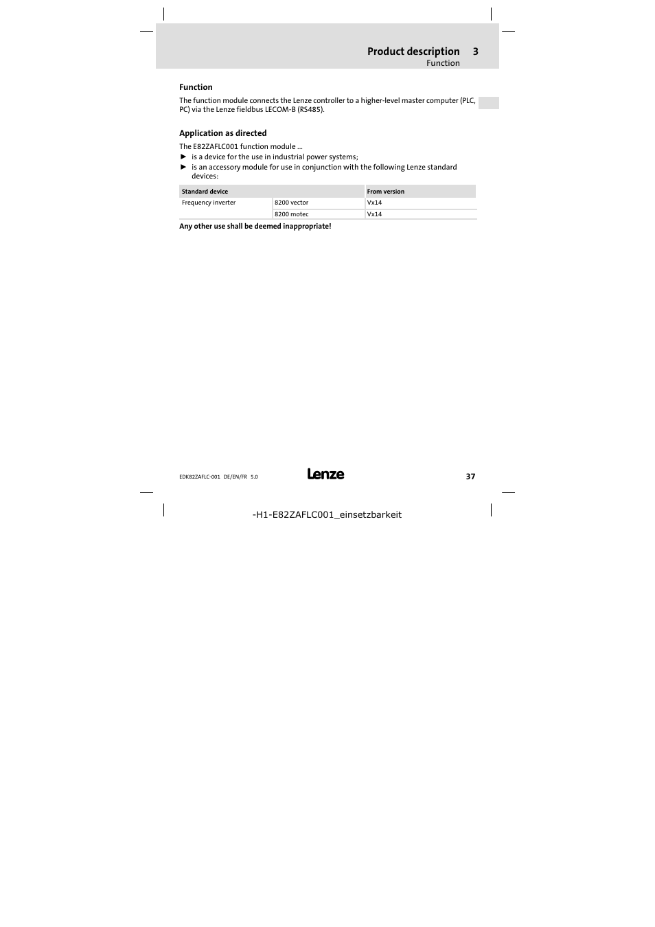 3 product description, Function, Application as directed | Product description, Function 37 | Lenze E82ZAFLC001 User Manual | Page 37 / 84