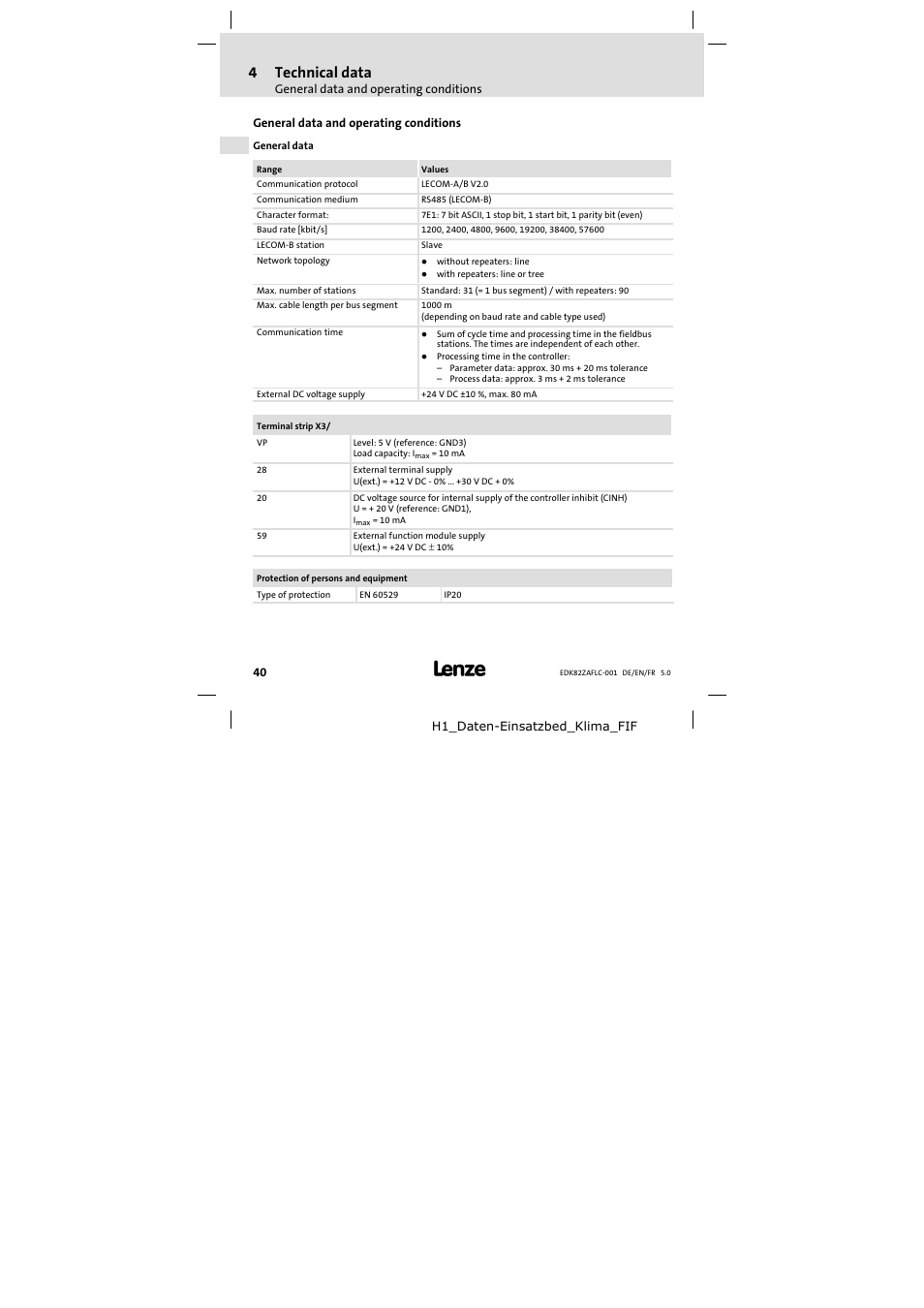 4 technical data, General data and operating conditions, Technical data | 4technical data | Lenze E82ZAFLC001 User Manual | Page 40 / 84