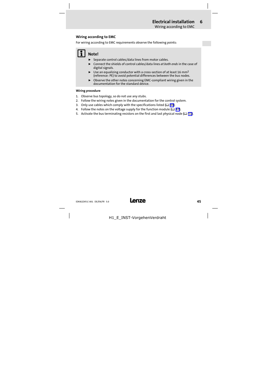 6 electrical installation, Wiring according to emc, Electrical installation | Lenze E82ZAFLC001 User Manual | Page 45 / 84