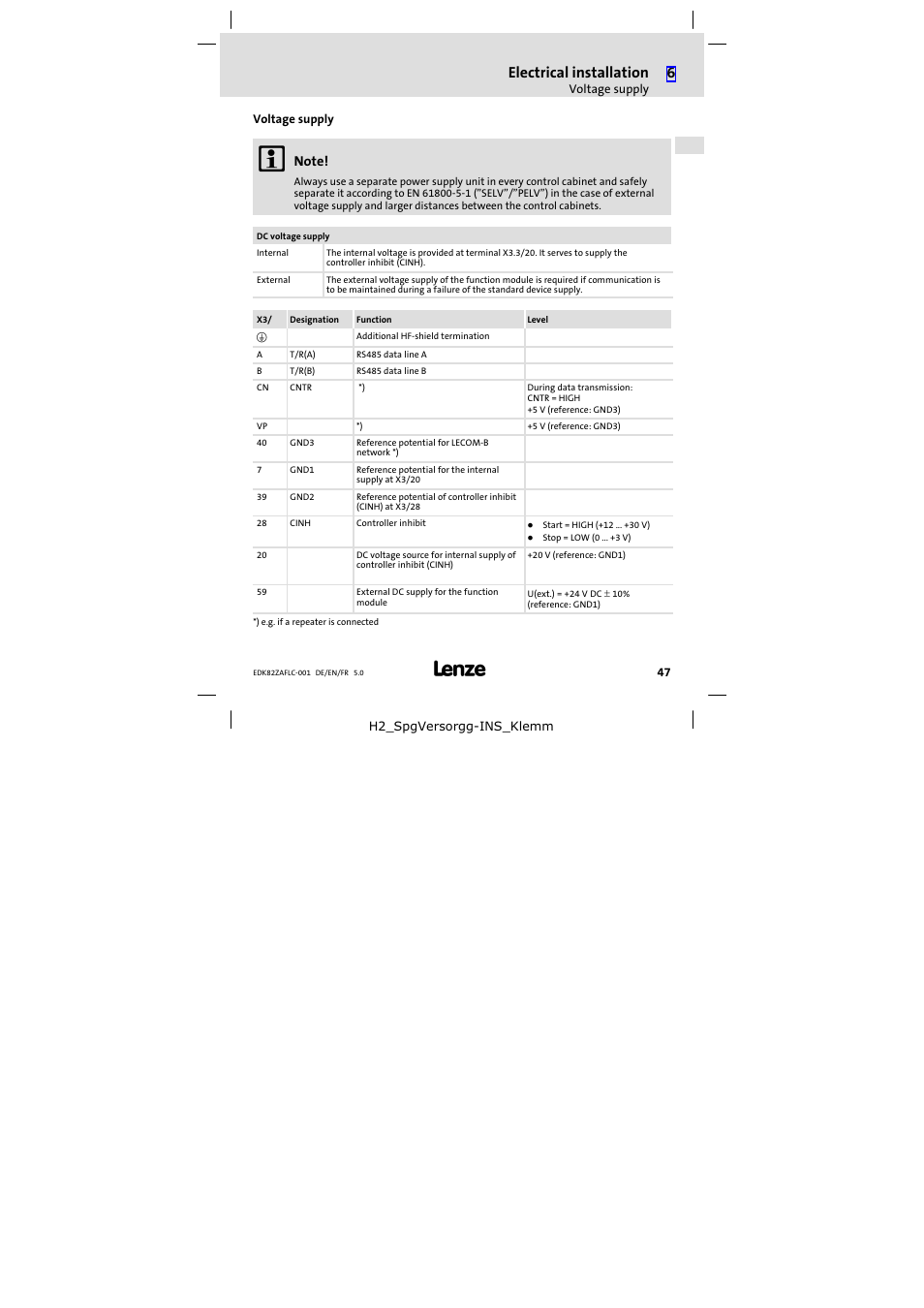 Voltage supply, Electrical installation | Lenze E82ZAFLC001 User Manual | Page 47 / 84