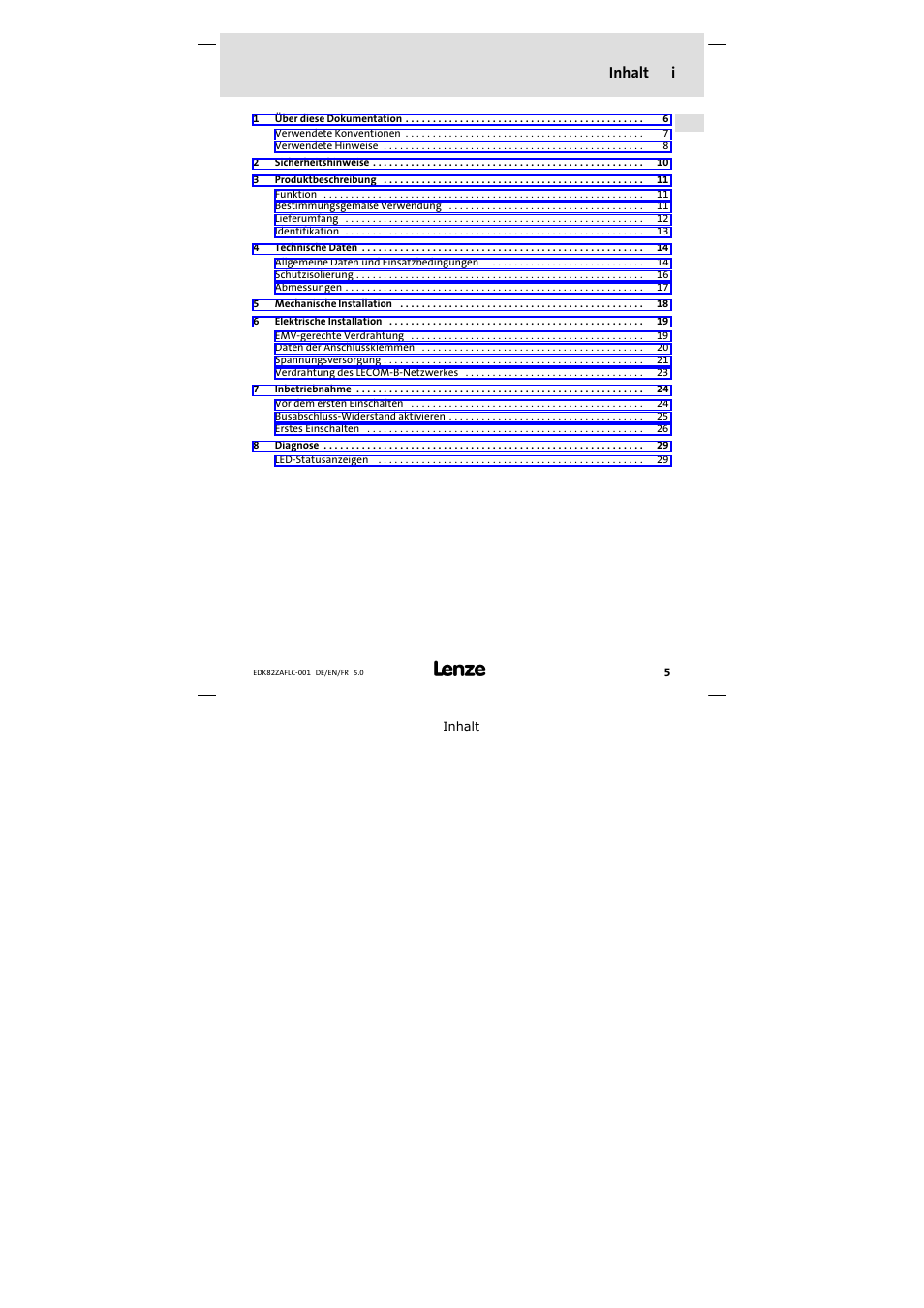 Inhalt, Inhalt i | Lenze E82ZAFLC001 User Manual | Page 5 / 84