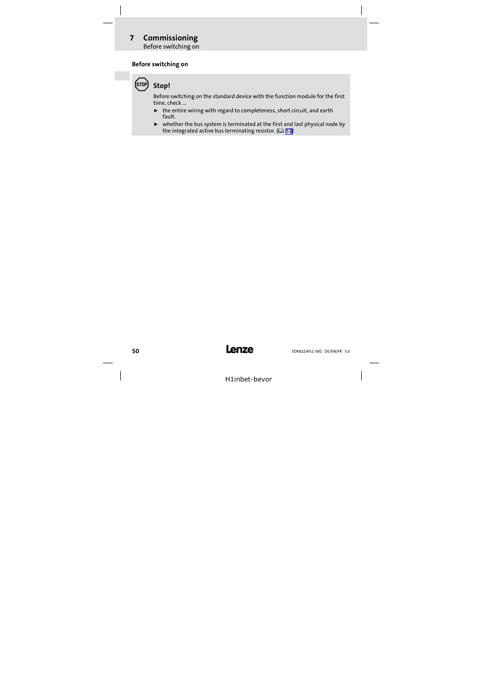 7 commissioning, Before switching on, Commissioning 50 | Lenze E82ZAFLC001 User Manual | Page 50 / 84