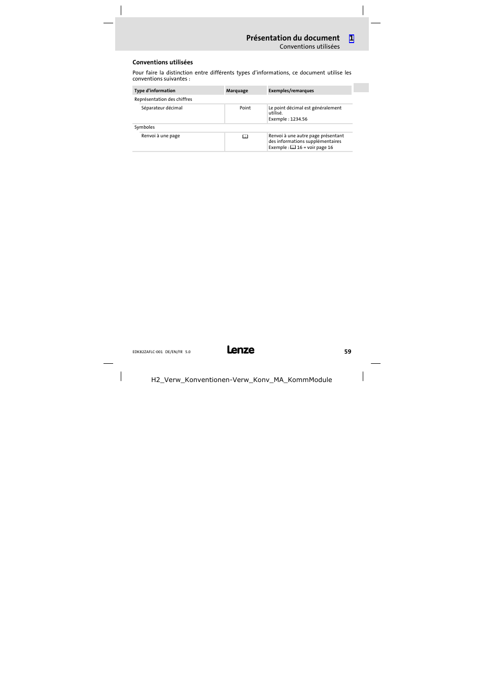 Conventions utilisées, Présentation du document | Lenze E82ZAFLC001 User Manual | Page 59 / 84