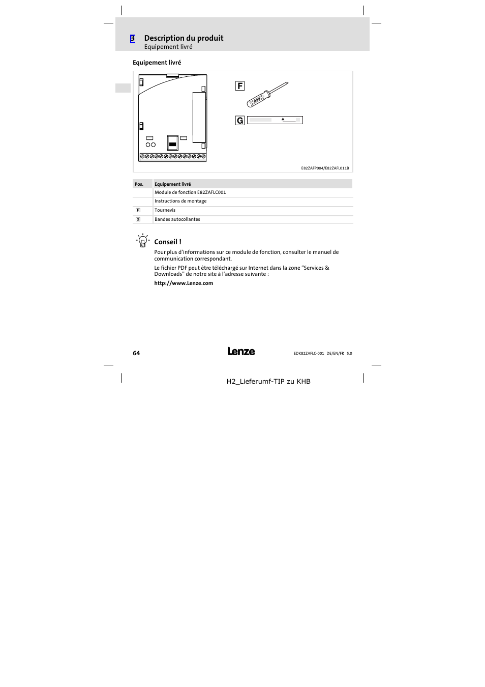 Equipement livré | Lenze E82ZAFLC001 User Manual | Page 64 / 84