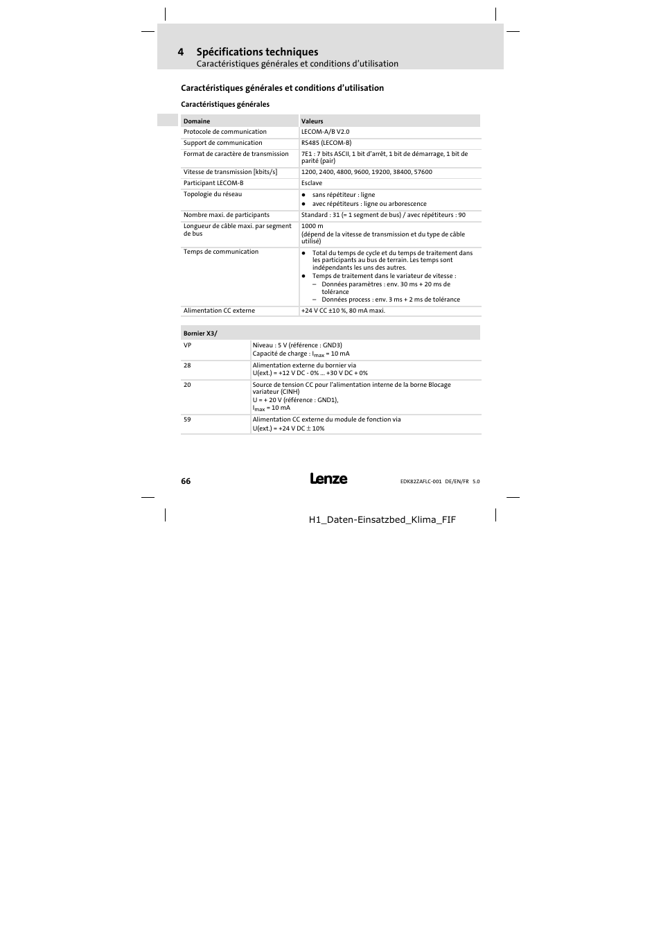 4 spécifications techniques, Spécifications techniques, 4spécifications techniques | Lenze E82ZAFLC001 User Manual | Page 66 / 84