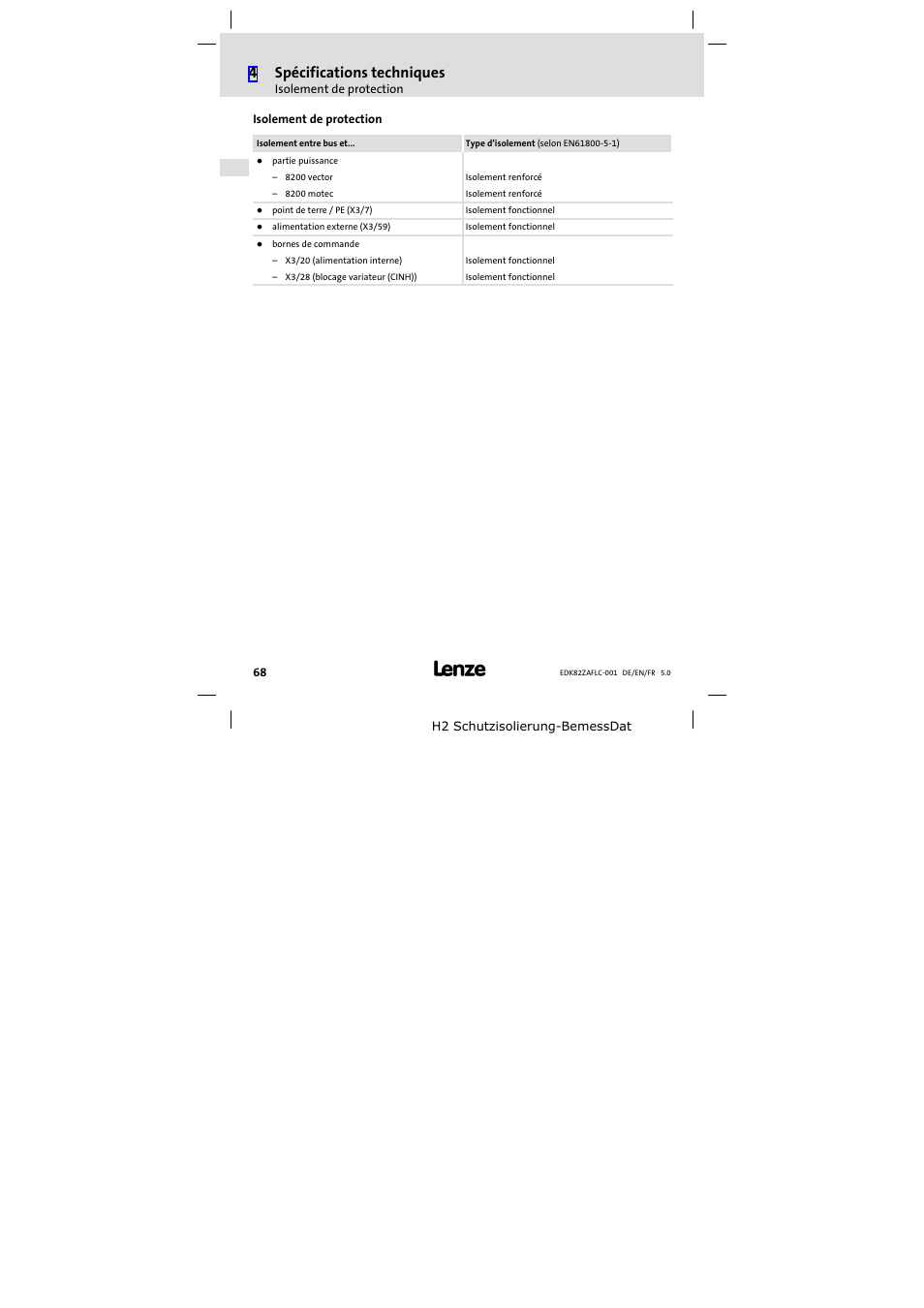 Isolement de protection, 4spécifications techniques | Lenze E82ZAFLC001 User Manual | Page 68 / 84