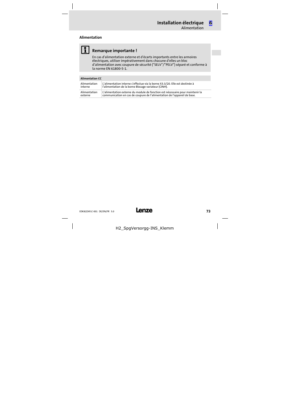 Alimentation | Lenze E82ZAFLC001 User Manual | Page 73 / 84