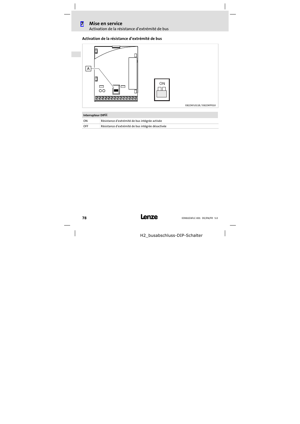 Activation de la résistance d'extrémité de bus, Activation de la résistance d’extrémité de bus | Lenze E82ZAFLC001 User Manual | Page 78 / 84