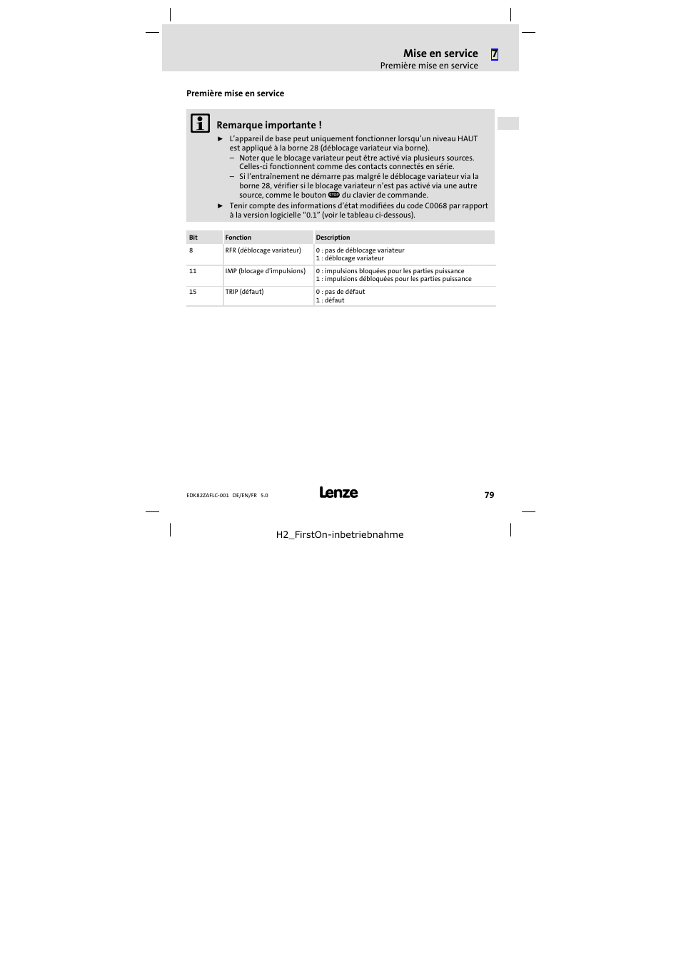 Première mise en service, Mise en service | Lenze E82ZAFLC001 User Manual | Page 79 / 84