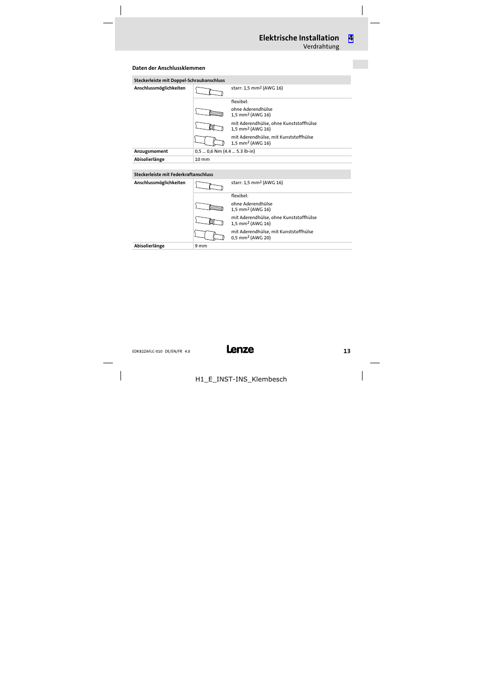 Elektrische installation | Lenze E82ZAFLC010 User Manual | Page 13 / 76