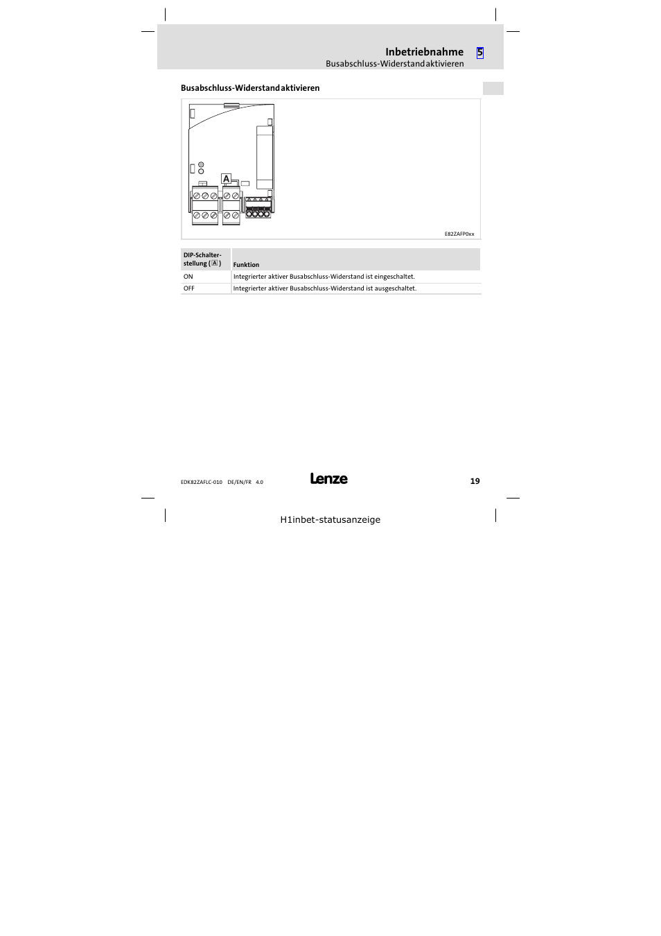 Busabschluss-widerstand aktivieren, Busabschluss−widerstand aktivieren | Lenze E82ZAFLC010 User Manual | Page 19 / 76